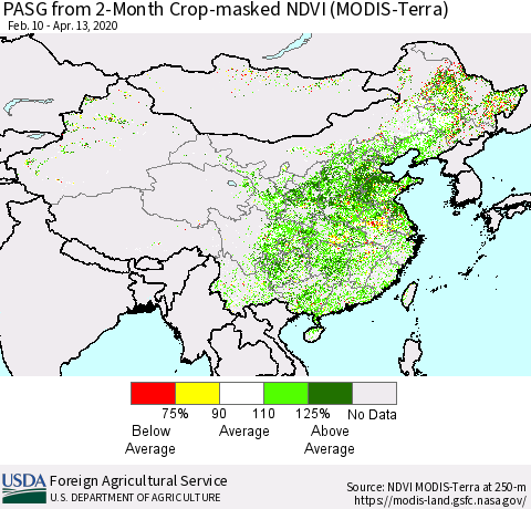 China, Mongolia and Taiwan PASG from 2-Month Cropland NDVI (Terra-MODIS) Thematic Map For 4/11/2020 - 4/20/2020