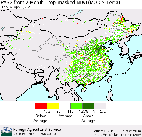 China, Mongolia and Taiwan PASG from 2-Month Cropland NDVI (Terra-MODIS) Thematic Map For 4/21/2020 - 4/30/2020