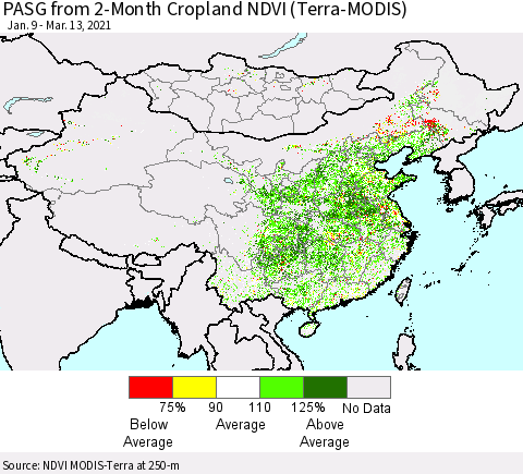 China, Mongolia and Taiwan PASG from 2-Month Cropland NDVI (Terra-MODIS) Thematic Map For 3/6/2021 - 3/13/2021