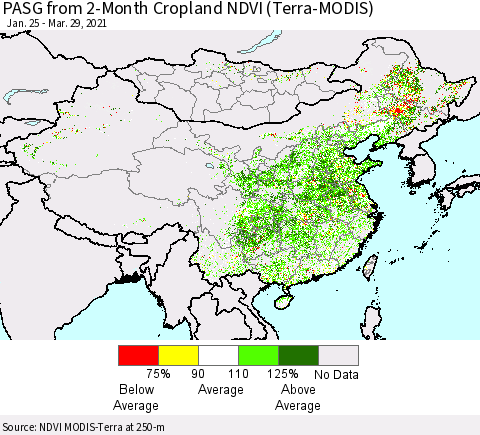 China, Mongolia and Taiwan PASG from 2-Month Cropland NDVI (Terra-MODIS) Thematic Map For 3/22/2021 - 3/29/2021