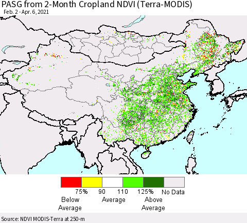 China, Mongolia and Taiwan PASG from 2-Month Cropland NDVI (Terra-MODIS) Thematic Map For 3/30/2021 - 4/6/2021