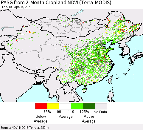 China, Mongolia and Taiwan PASG from 2-Month Cropland NDVI (Terra-MODIS) Thematic Map For 4/7/2021 - 4/14/2021