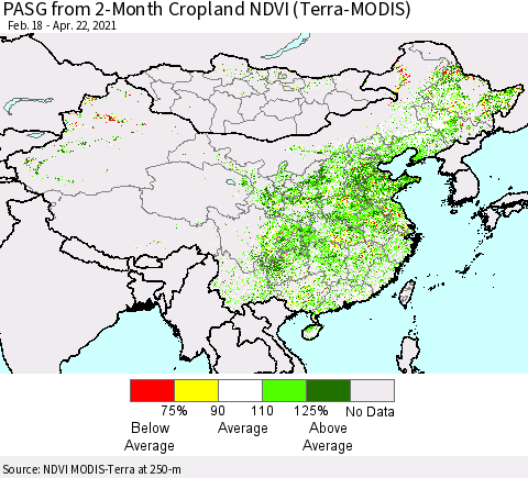 China, Mongolia and Taiwan PASG from 2-Month Cropland NDVI (Terra-MODIS) Thematic Map For 4/15/2021 - 4/22/2021