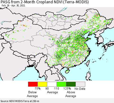 China, Mongolia and Taiwan PASG from 2-Month Cropland NDVI (Terra-MODIS) Thematic Map For 4/23/2021 - 4/30/2021