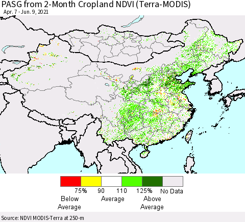 China, Mongolia and Taiwan PASG from 2-Month Cropland NDVI (Terra-MODIS) Thematic Map For 6/2/2021 - 6/9/2021