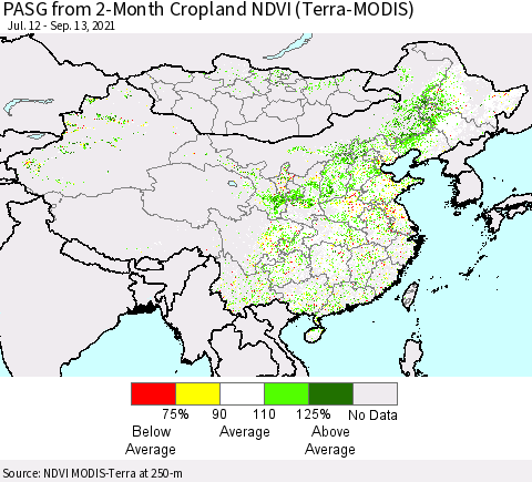 China, Mongolia and Taiwan PASG from 2-Month Cropland NDVI (Terra-MODIS) Thematic Map For 9/6/2021 - 9/13/2021