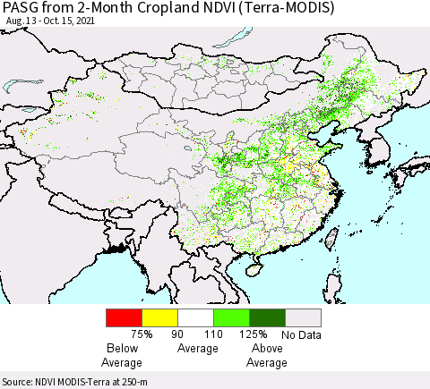 China, Mongolia and Taiwan PASG from 2-Month Cropland NDVI (Terra-MODIS) Thematic Map For 10/8/2021 - 10/15/2021