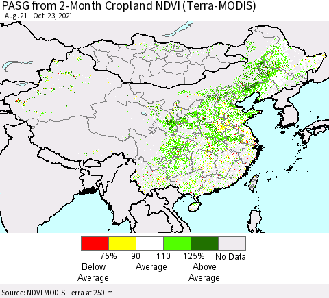 China, Mongolia and Taiwan PASG from 2-Month Cropland NDVI (Terra-MODIS) Thematic Map For 10/16/2021 - 10/23/2021