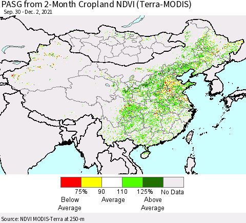China, Mongolia and Taiwan PASG from 2-Month Cropland NDVI (Terra-MODIS) Thematic Map For 11/25/2021 - 12/2/2021