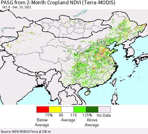 China, Mongolia and Taiwan PASG from 2-Month Cropland NDVI (Terra-MODIS) Thematic Map For 12/3/2021 - 12/10/2021