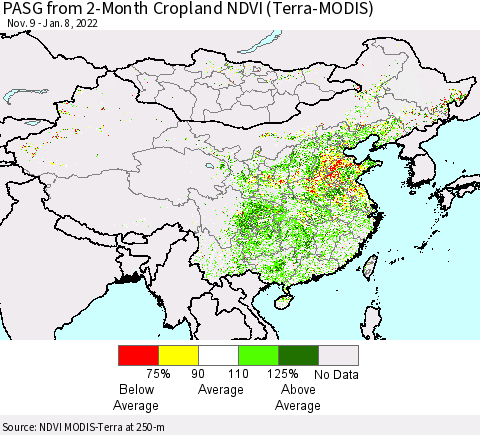 China, Mongolia and Taiwan PASG from 2-Month Cropland NDVI (Terra-MODIS) Thematic Map For 1/1/2022 - 1/8/2022