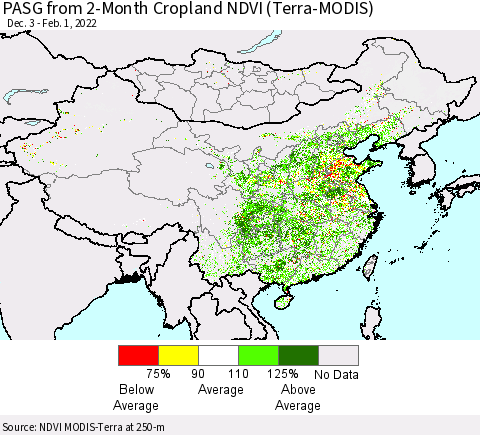China, Mongolia and Taiwan PASG from 2-Month Cropland NDVI (Terra-MODIS) Thematic Map For 1/25/2022 - 2/1/2022