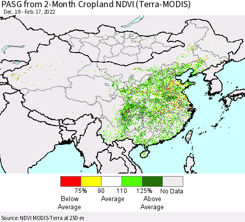China, Mongolia and Taiwan PASG from 2-Month Cropland NDVI (Terra-MODIS) Thematic Map For 2/10/2022 - 2/17/2022