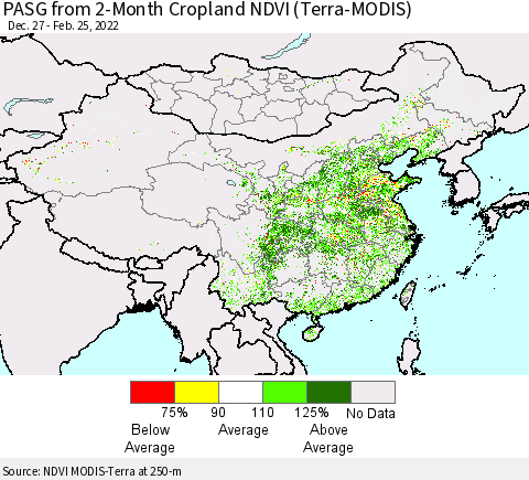China, Mongolia and Taiwan PASG from 2-Month Cropland NDVI (Terra-MODIS) Thematic Map For 2/18/2022 - 2/25/2022