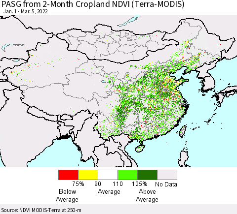 China, Mongolia and Taiwan PASG from 2-Month Cropland NDVI (Terra-MODIS) Thematic Map For 2/26/2022 - 3/5/2022
