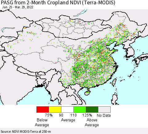 China, Mongolia and Taiwan PASG from 2-Month Cropland NDVI (Terra-MODIS) Thematic Map For 3/22/2022 - 3/29/2022