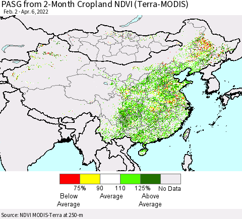 China, Mongolia and Taiwan PASG from 2-Month Cropland NDVI (Terra-MODIS) Thematic Map For 3/30/2022 - 4/6/2022