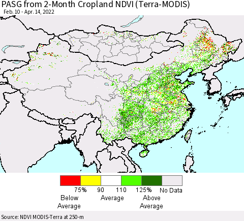 China, Mongolia and Taiwan PASG from 2-Month Cropland NDVI (Terra-MODIS) Thematic Map For 4/7/2022 - 4/14/2022