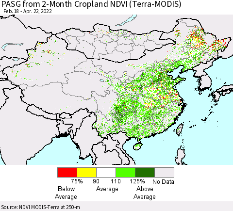 China, Mongolia and Taiwan PASG from 2-Month Cropland NDVI (Terra-MODIS) Thematic Map For 4/15/2022 - 4/22/2022