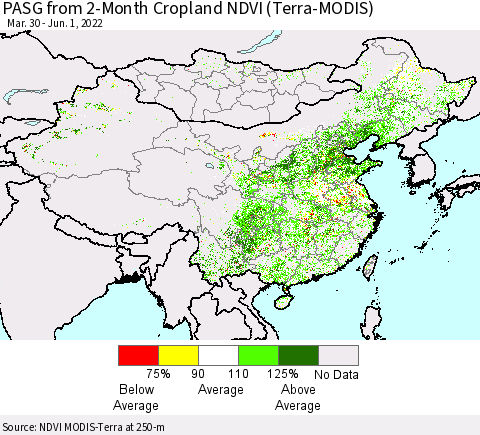 China, Mongolia and Taiwan PASG from 2-Month Cropland NDVI (Terra-MODIS) Thematic Map For 5/25/2022 - 6/1/2022