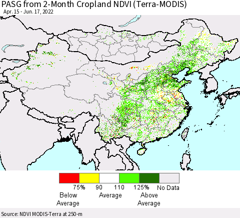 China, Mongolia and Taiwan PASG from 2-Month Cropland NDVI (Terra-MODIS) Thematic Map For 6/10/2022 - 6/17/2022