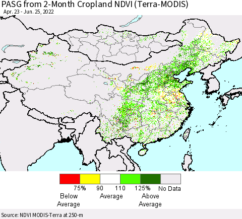 China, Mongolia and Taiwan PASG from 2-Month Cropland NDVI (Terra-MODIS) Thematic Map For 6/18/2022 - 6/25/2022
