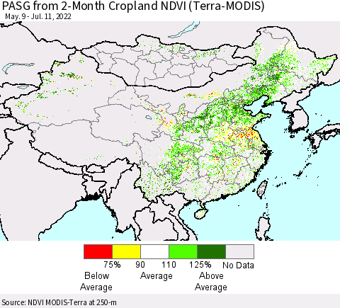 China, Mongolia and Taiwan PASG from 2-Month Cropland NDVI (Terra-MODIS) Thematic Map For 7/4/2022 - 7/11/2022