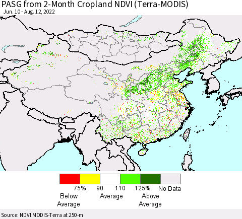 China, Mongolia and Taiwan PASG from 2-Month Cropland NDVI (Terra-MODIS) Thematic Map For 8/5/2022 - 8/12/2022