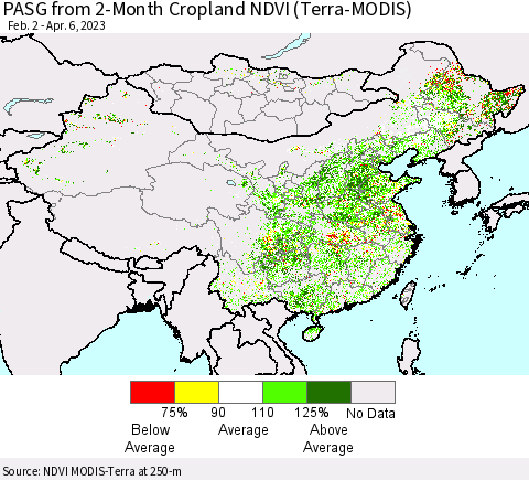 China, Mongolia and Taiwan PASG from 2-Month Cropland NDVI (Terra-MODIS) Thematic Map For 3/30/2023 - 4/6/2023