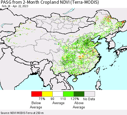 China, Mongolia and Taiwan PASG from 2-Month Cropland NDVI (Terra-MODIS) Thematic Map For 4/15/2023 - 4/22/2023