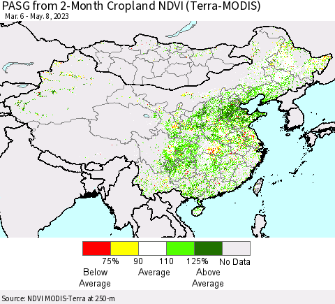 China, Mongolia and Taiwan PASG from 2-Month Cropland NDVI (Terra-MODIS) Thematic Map For 5/1/2023 - 5/8/2023
