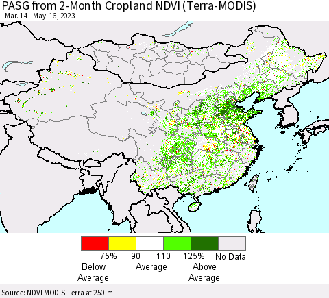 China, Mongolia and Taiwan PASG from 2-Month Cropland NDVI (Terra-MODIS) Thematic Map For 5/9/2023 - 5/16/2023