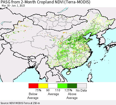 China, Mongolia and Taiwan PASG from 2-Month Cropland NDVI (Terra-MODIS) Thematic Map For 5/25/2023 - 6/1/2023