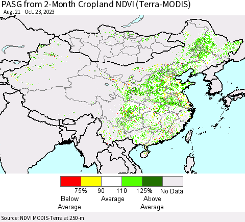 China, Mongolia and Taiwan PASG from 2-Month Cropland NDVI (Terra-MODIS) Thematic Map For 10/16/2023 - 10/23/2023