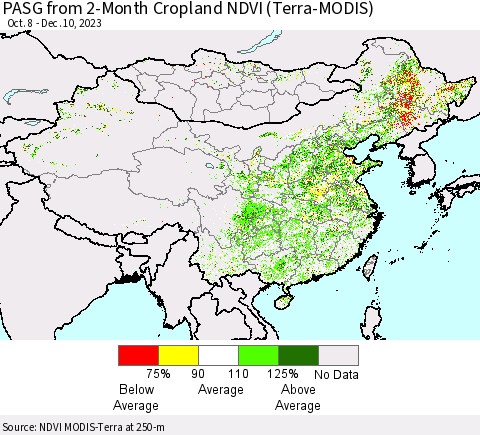 China, Mongolia and Taiwan PASG from 2-Month Cropland NDVI (Terra-MODIS) Thematic Map For 12/3/2023 - 12/10/2023