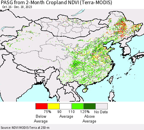 China, Mongolia and Taiwan PASG from 2-Month Cropland NDVI (Terra-MODIS) Thematic Map For 12/11/2023 - 12/18/2023