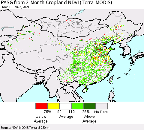 China, Mongolia and Taiwan PASG from 2-Month Cropland NDVI (Terra-MODIS) Thematic Map For 12/27/2023 - 1/3/2024