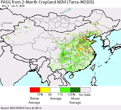 China, Mongolia and Taiwan PASG from 2-Month Cropland NDVI (Terra-MODIS) Thematic Map For 1/1/2024 - 1/8/2024