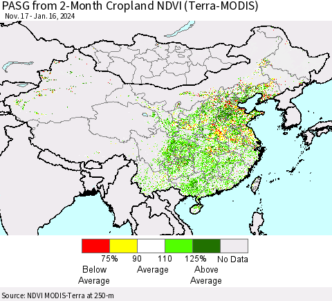 China, Mongolia and Taiwan PASG from 2-Month Cropland NDVI (Terra-MODIS) Thematic Map For 1/9/2024 - 1/16/2024