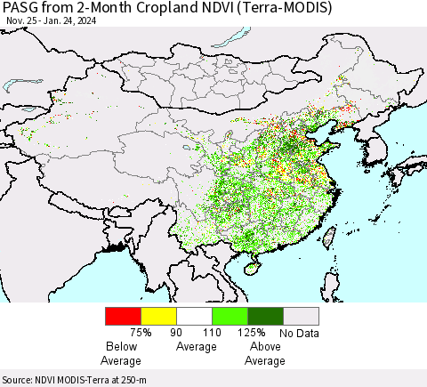 China, Mongolia and Taiwan PASG from 2-Month Cropland NDVI (Terra-MODIS) Thematic Map For 1/17/2024 - 1/24/2024