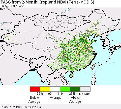 China, Mongolia and Taiwan PASG from 2-Month Cropland NDVI (Terra-MODIS) Thematic Map For 2/26/2024 - 3/4/2024
