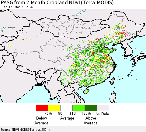 China, Mongolia and Taiwan PASG from 2-Month Cropland NDVI (Terra-MODIS) Thematic Map For 3/13/2024 - 3/20/2024