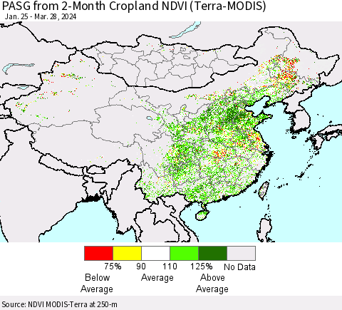 China, Mongolia and Taiwan PASG from 2-Month Cropland NDVI (Terra-MODIS) Thematic Map For 3/21/2024 - 3/28/2024