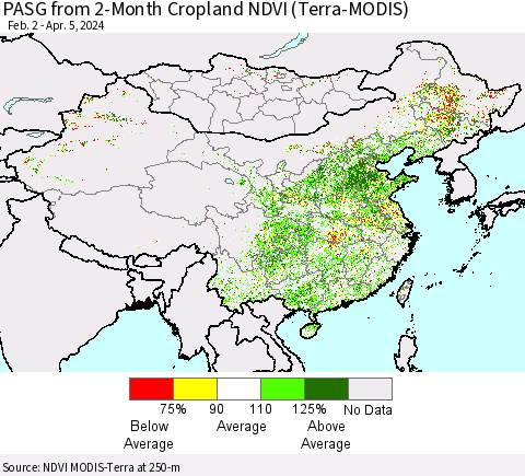 China, Mongolia and Taiwan PASG from 2-Month Cropland NDVI (Terra-MODIS) Thematic Map For 3/29/2024 - 4/5/2024