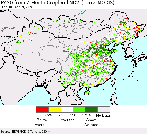 China, Mongolia and Taiwan PASG from 2-Month Cropland NDVI (Terra-MODIS) Thematic Map For 4/14/2024 - 4/21/2024