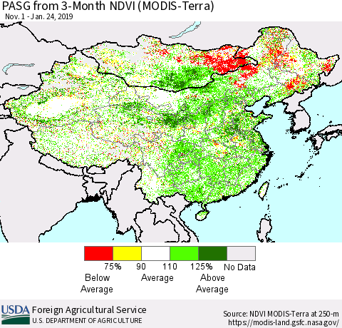 China and Taiwan PASG from 3-Month NDVI (Terra-MODIS) Thematic Map For 1/21/2019 - 1/31/2019