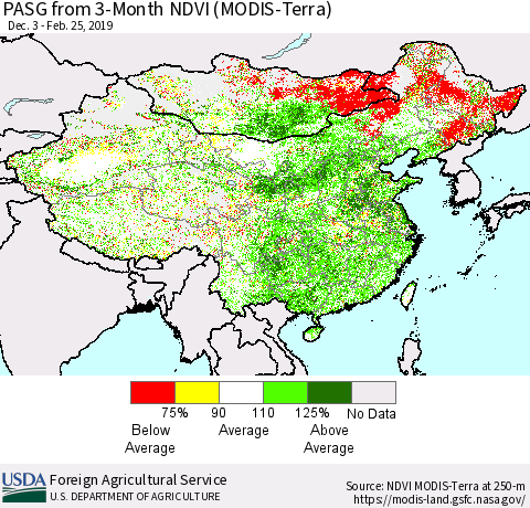 China, Mongolia and Taiwan PASG from 3-Month NDVI (Terra-MODIS) Thematic Map For 2/21/2019 - 2/28/2019