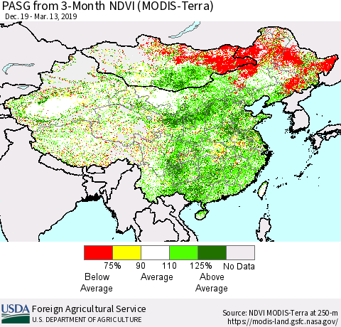 China and Taiwan PASG from 3-Month NDVI (Terra-MODIS) Thematic Map For 3/11/2019 - 3/20/2019