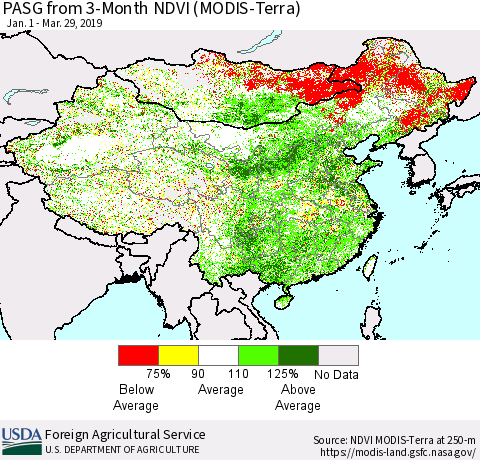 China, Mongolia and Taiwan PASG from 3-Month NDVI (Terra-MODIS) Thematic Map For 3/21/2019 - 3/31/2019