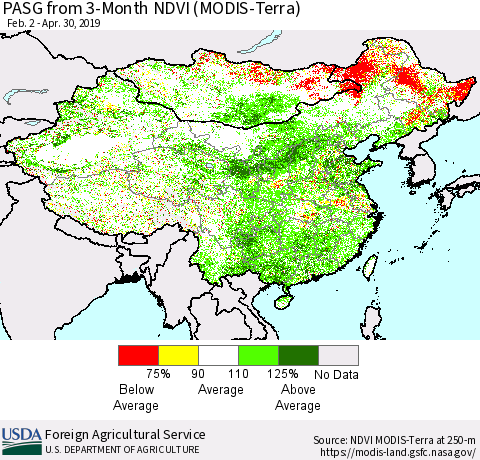 China and Taiwan PASG from 3-Month NDVI (Terra-MODIS) Thematic Map For 4/21/2019 - 4/30/2019